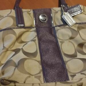 Coach Signature Tan and Purple Handbag